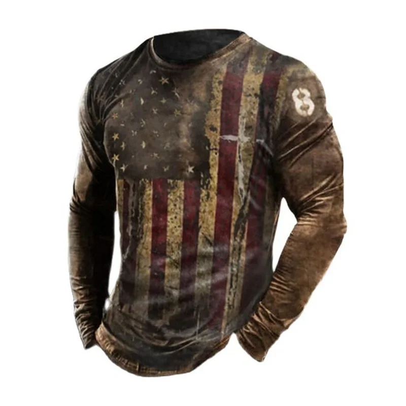 Spring Autumn Men's 3d Letter Print American Flag Long Sleeve T Shirt Street Trend O Neck 2022 Vintage Shirt Plus Size Pullover