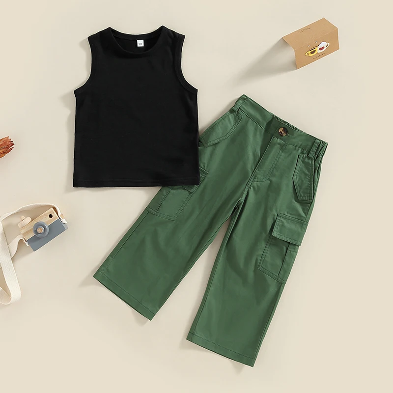 

2023-03-16 Lioraitiin 0-5Years Kids Baby Girls 2Pcs Summer Outfit Solid Sleeveless Tank Tops Stretch Cargo Long Pants Set
