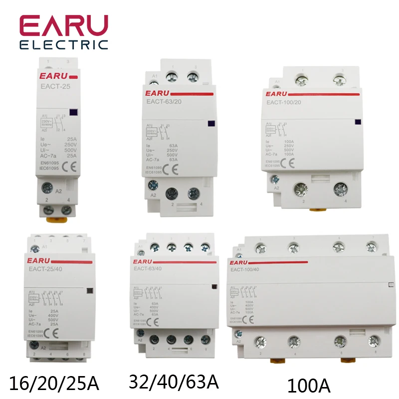 Earu 2P/4P 16-100A AC 220V DC 12V/24V 50/60Hz Home Use AC Modular Contactor Switch Controller For DIY Smart Home Hotel