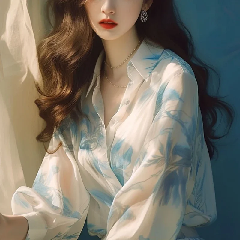 

Chiffon Vintage Women's Shirt Summer Printed Women Blouses Loose Fit Long Sleeves Fashion Top Floral Clothing 2024 Korean