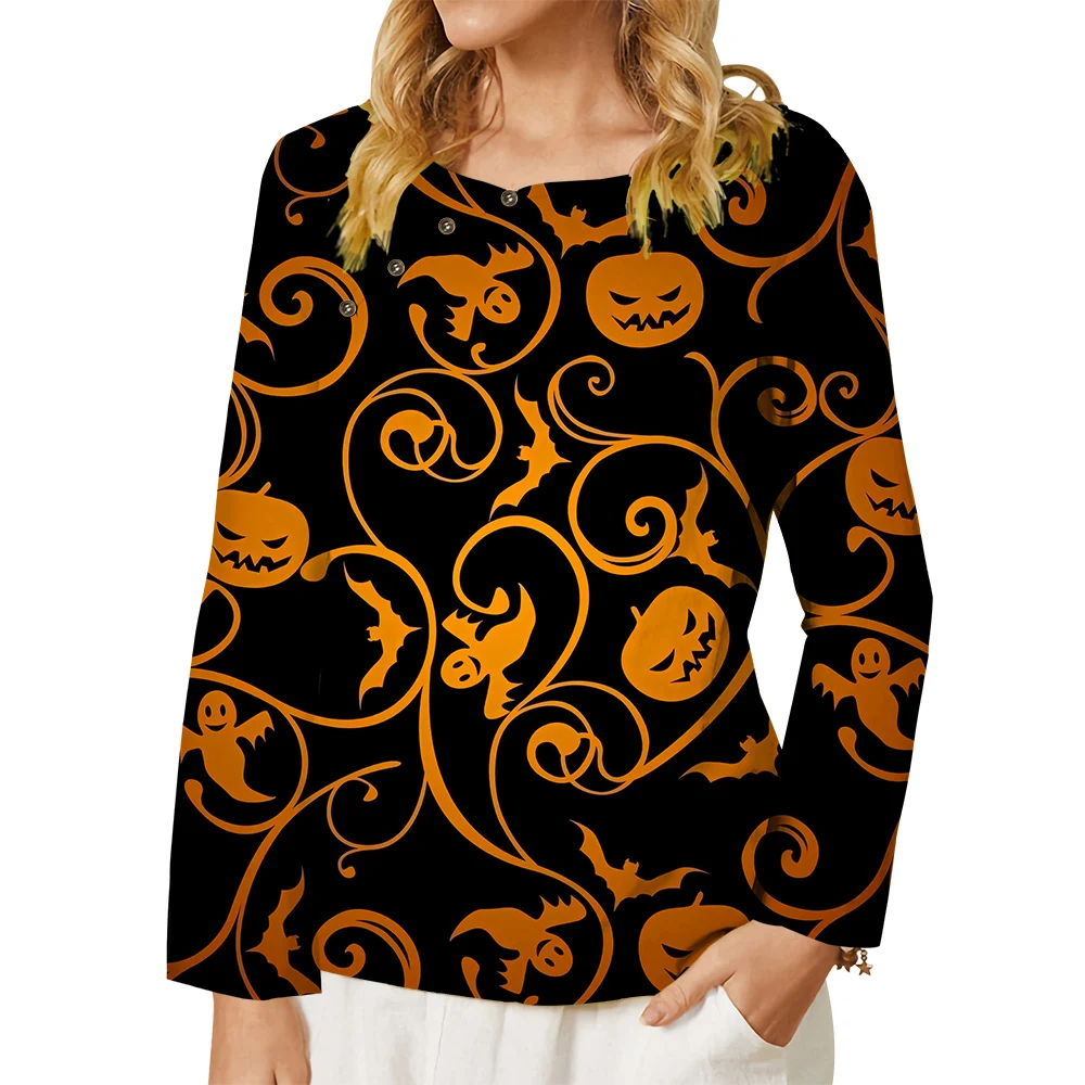 

CLOOCL Retro Women Blouse Halloween Series Print Tee Long-sleeved Shirt Button Decorate Oversized Female Clothing Club Wear
