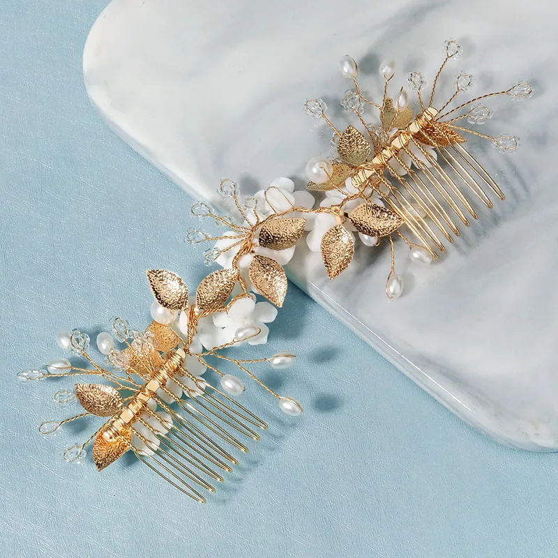 Floralbride Handmade Crystal Rhinestones Pearls Ceramic Flower Bridal Hair Comb Wedding Headpiece Hair Accessories Women Jewelry