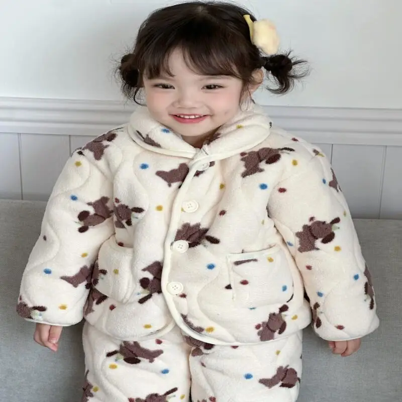 귀여운 캐주얼 코트 세트 패션 2피스 세트 아동복 어린이 3중 코튼 패딩 플란넬 두꺼운  용 부드러운 옷