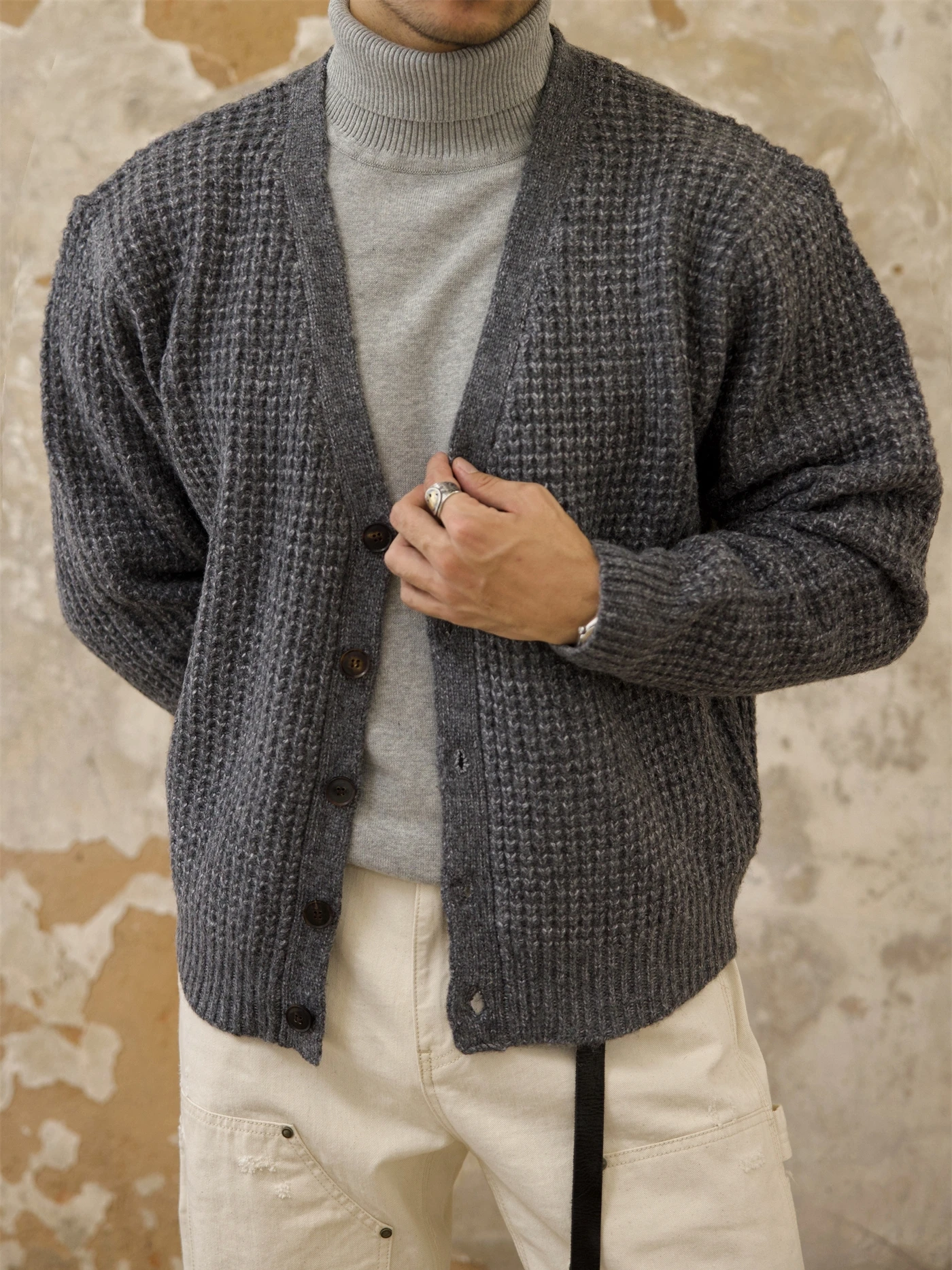 Men's Waffle V-neck Cardigan Casual Basic Sweater