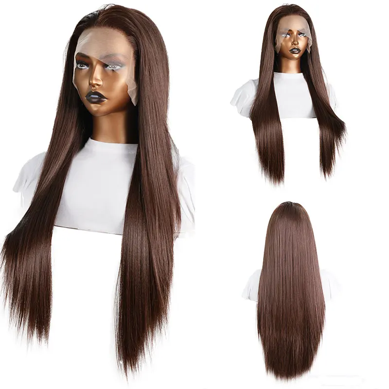 

Dark Brown Synthetic Lace Front Wig Straight Heat Resistant Fiber Hair Pre Plucked Natural Hairline Free Parting For Women Wigs