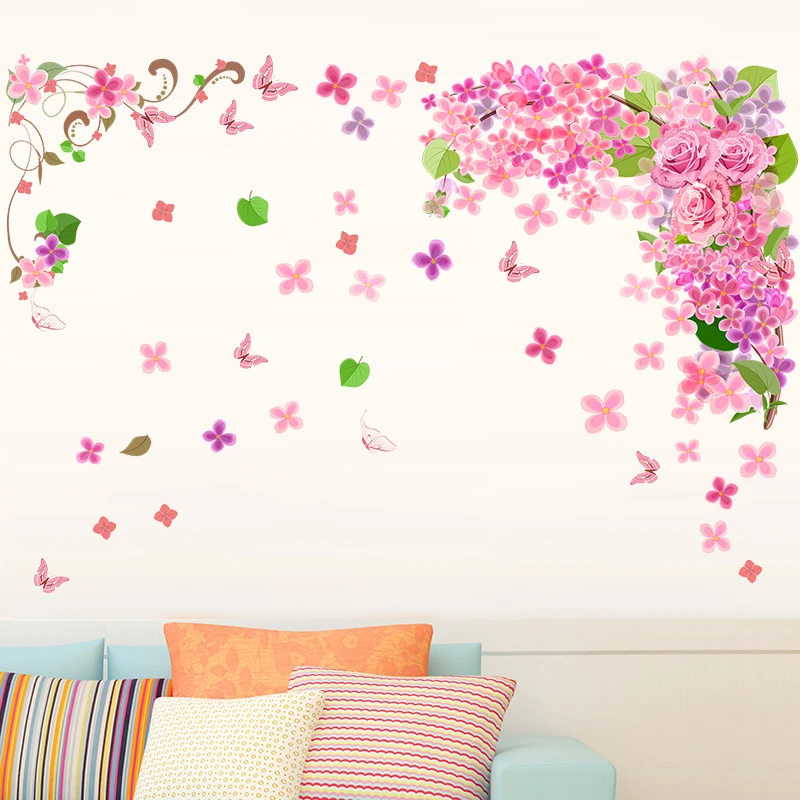 

Colorful Pink Flower Vine Butterflies Wall Decal For Girls Room Decorative Stickers Diy Plant Mural Art Poster Peel And Stick