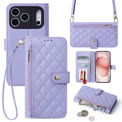 Leather Crossbody Wallet with Card Holder and Lanyard - Protective Phone Case and Cover - iPhone 15 (Purple)