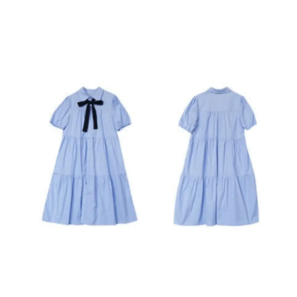 Bowknot Girl Princess Dress Preppy Style Loose Teenagers Shirt Dress Puff Short Sleeve Sweet Children Bubble Dresses Summer