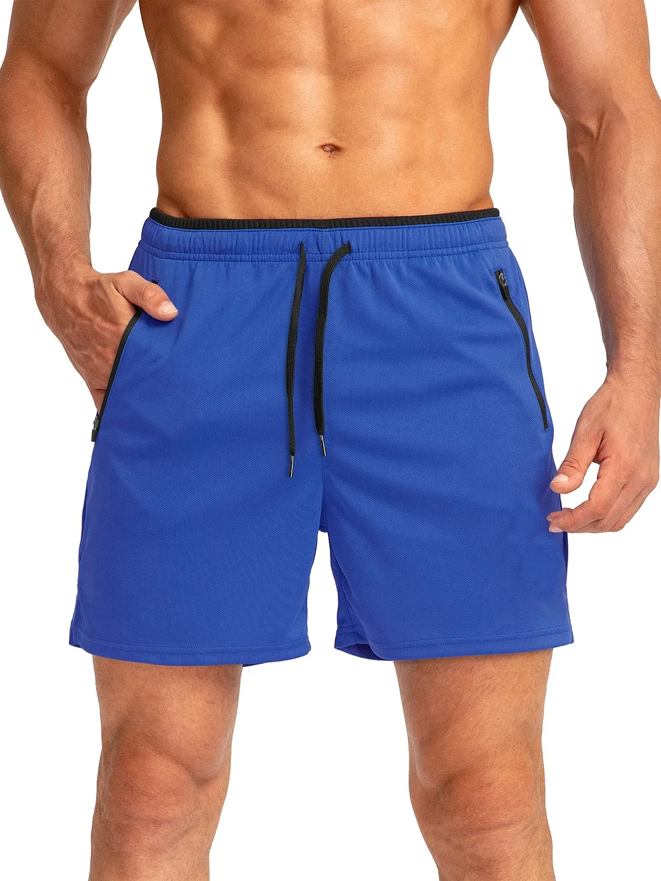 Men's solid color shorts, with zipper pockets, casual elastic drawstring shorts with a loose waist and high elasticity, suitable