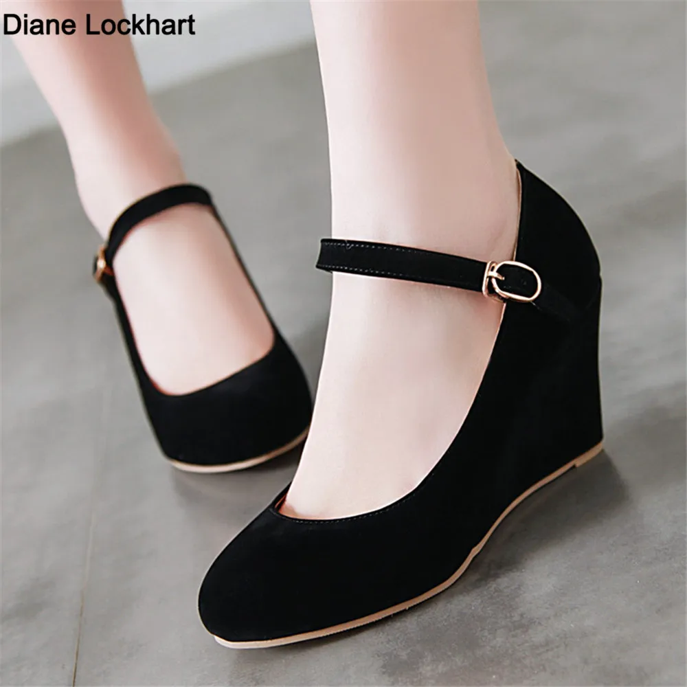 Classic High Heels Pumps Female Spring Casual Ankle Straps Flock Black Rose Red Wedge Wedding Office Shoes Woman Large Size34-43
