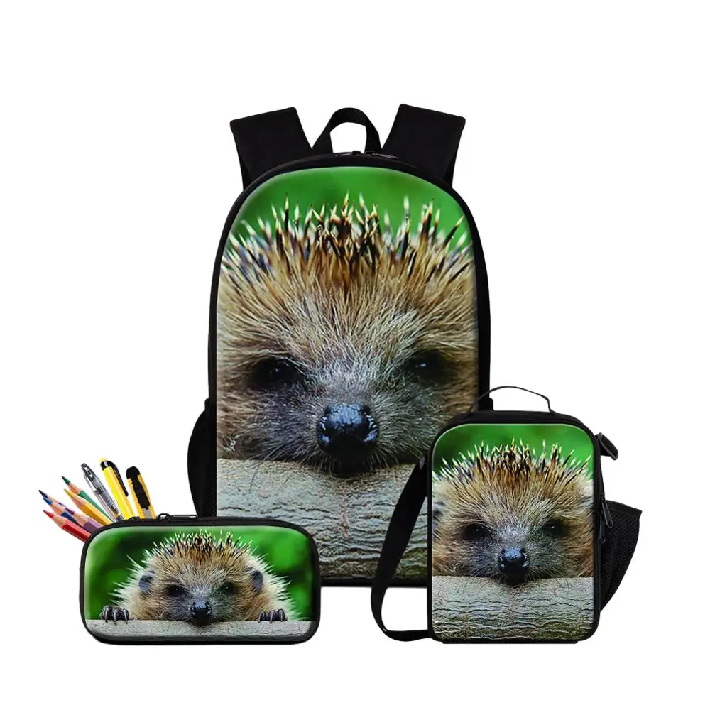 

Children Schoolbags Hedgehog Printing Middle Large Capacity Backpacks With Food Lunchbox Pen Box 3PCS/Set Travel Bag Daypack