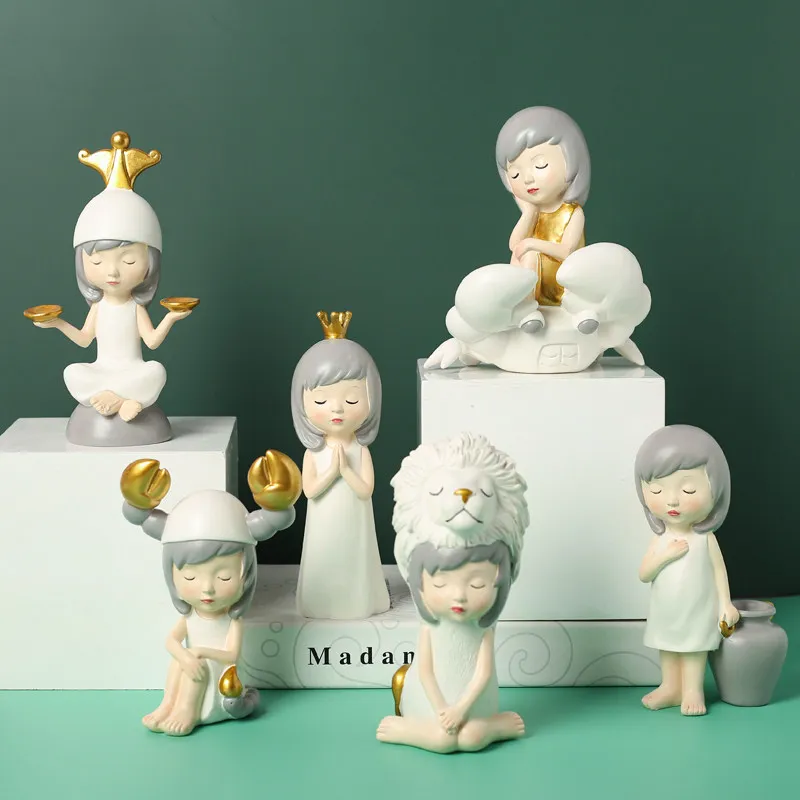 

Modern Cute Girl Heart Twelve Constellation Doll Resin Ornaments Home Livingroom Table Figurines Decoration Crafts Birthday Gift