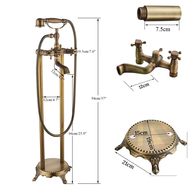 Antique Brass Bathroom Floor Mount Bathtub Filler Freestanding Bathtub Faucet Dual Handles Shower Set With Handshower Mixer Tap 6