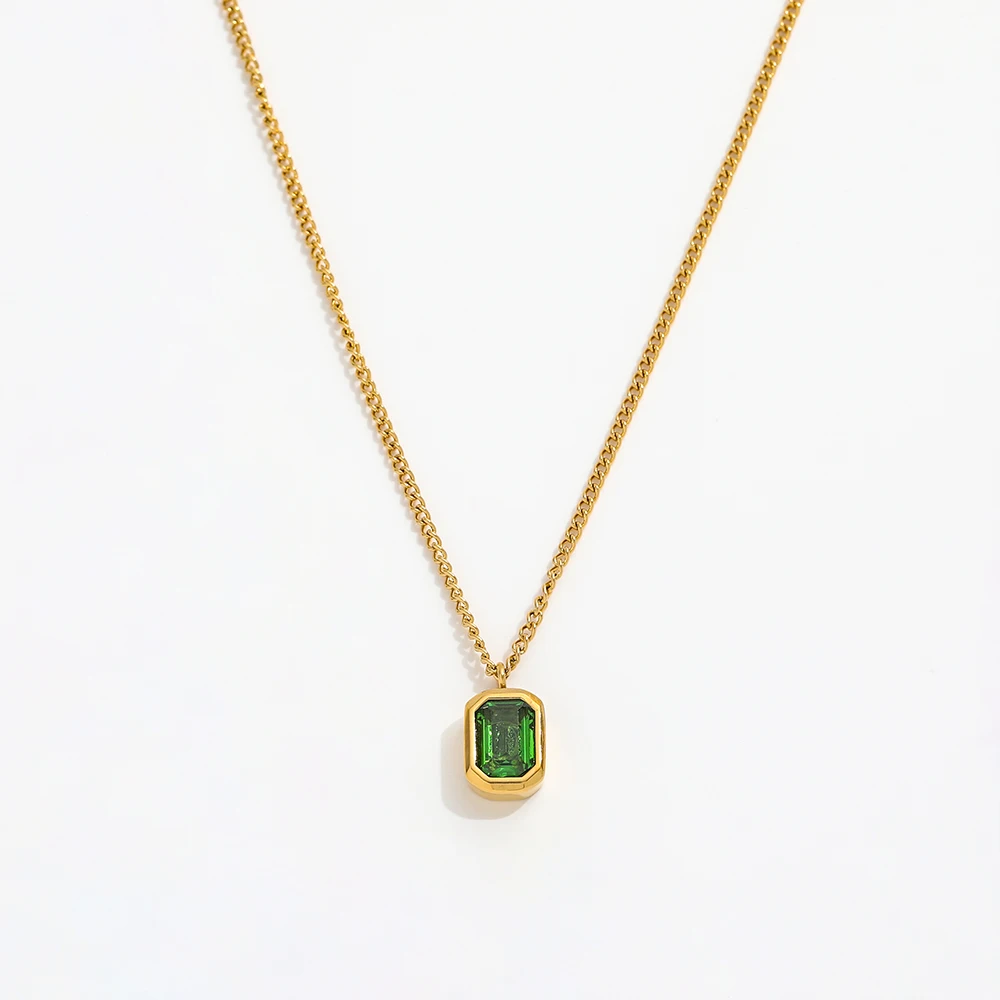 

Joolim Jewelry Wholesale High End PVD Waterproof&No Fade Elegant Dainty Cubic Green Zirconia Square Pendant Necklace for Women