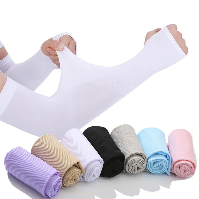 1 Pair Summer Long Ice Silk Arm Sleeves Sun UV Protection Hand Protector Cover Sunscreen Outdoor Elastic Half Finger Gloves Set 1