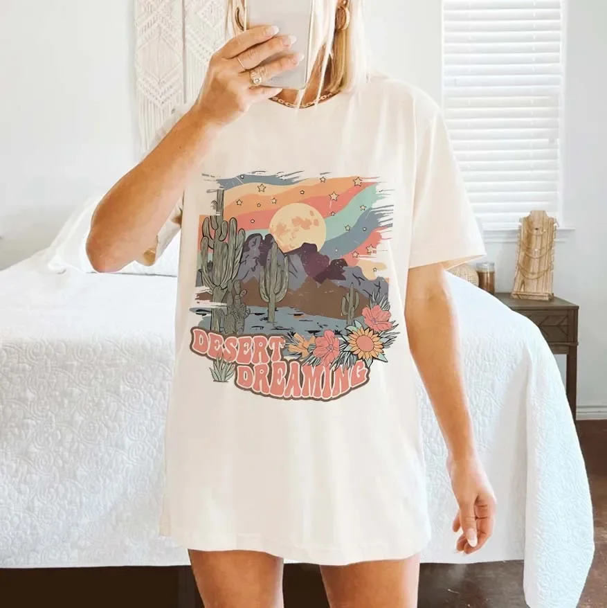 

Desert Dream женская одежда Бохо женская одежда летние женские топы оверсайз футболка Летняя одежда летние футболки графика Wo