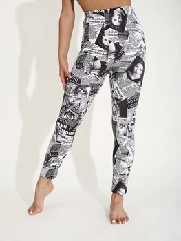 Autumn Winter 1PACK Women's Newspaper Portrait Pattern Sexy Tight Legging Casual Sports Elegant Fitness Yoga Pants 1
