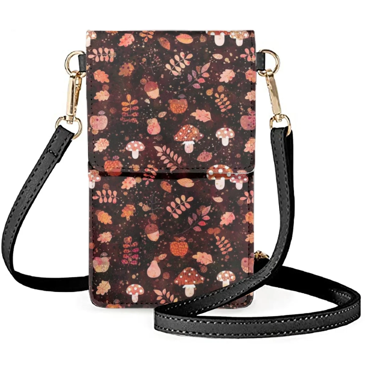 

FORUDESIGNS Brown Leaves Mushroom Shoulder Bag Women's Leather Phone Bag Anti-Abrasion Protection Cellphone Girly Style