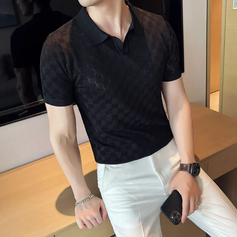 Men Polo Shirt 2023 Summer New Thin Ice Silk Elastic Casual Slim