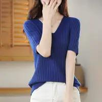 2025 New Spring Summer New Women's V-neck Short-Sleeved Exquisite Cashmere Knitted Sweater Pullover Solid Color - Image 3
