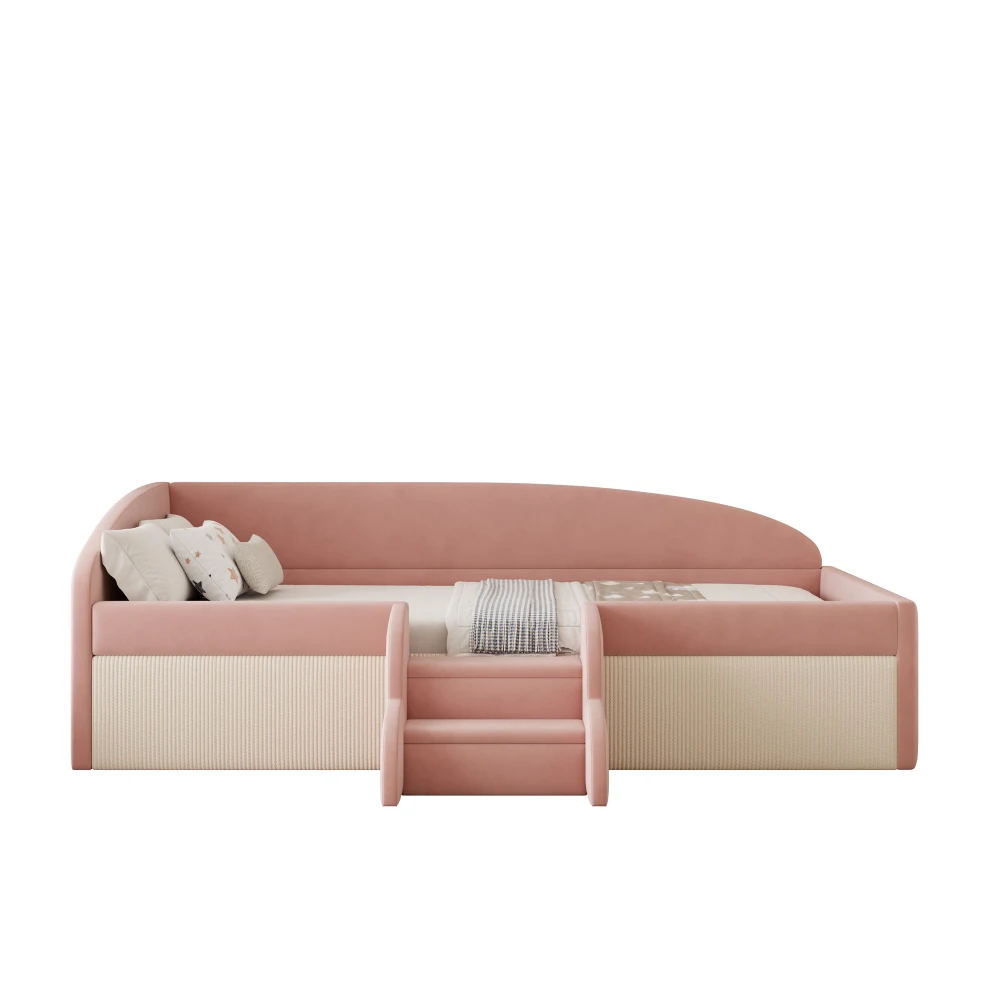 90 * 190 cm schönes gepolstertes Schlafsofa, mit Treppen und Zäunen, hautfreundlicher Samtstoff, für Kinderzimmer (ohne Matratze) – Detail 19