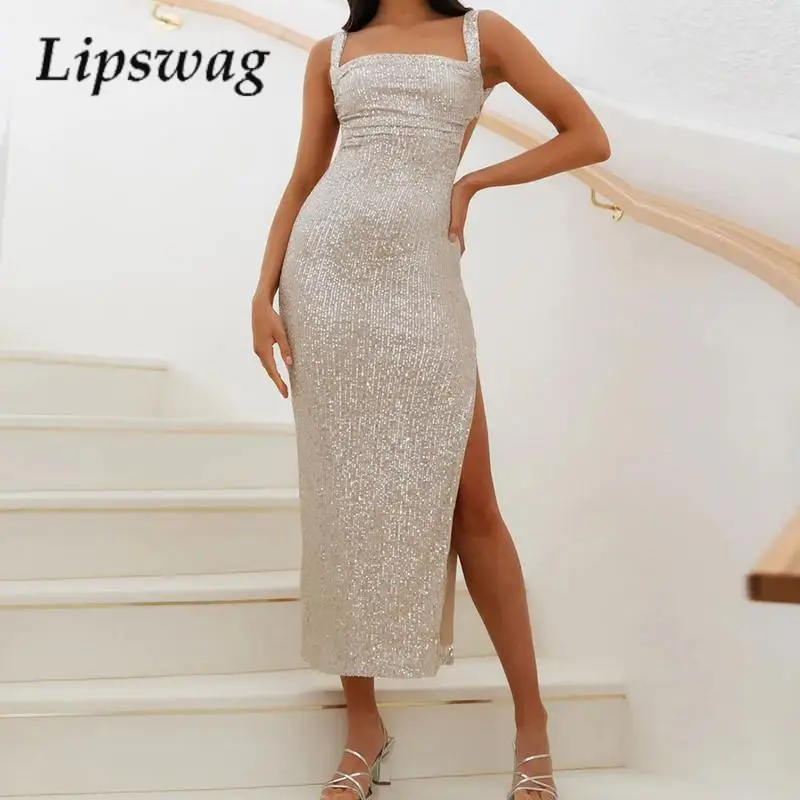 

Fashion New Tight Suspenders Hollow Lace-Up Dress Women Solid Color High Split Dress Sexy Off-Shoulder Hip Sequin Party Dresses