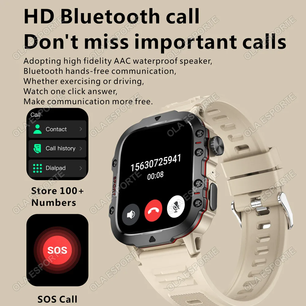 2025 New Military Smart Watch Men IP68 5ATM Outdoor Sports Fitness Tracker Health Monitoring 2.01Inch Bluetooth Calls Smartwatch 3