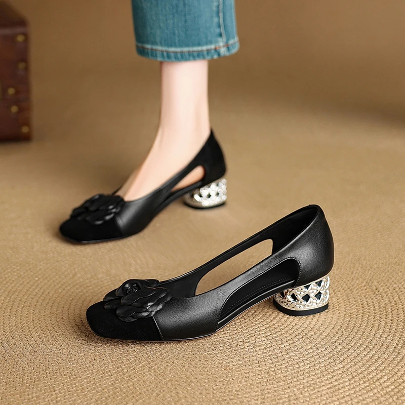 Women's New Spring/Summer Genuine Leather Square Toe Flower Breathable Hollow Middle Heel Color Blocked Single Shoe