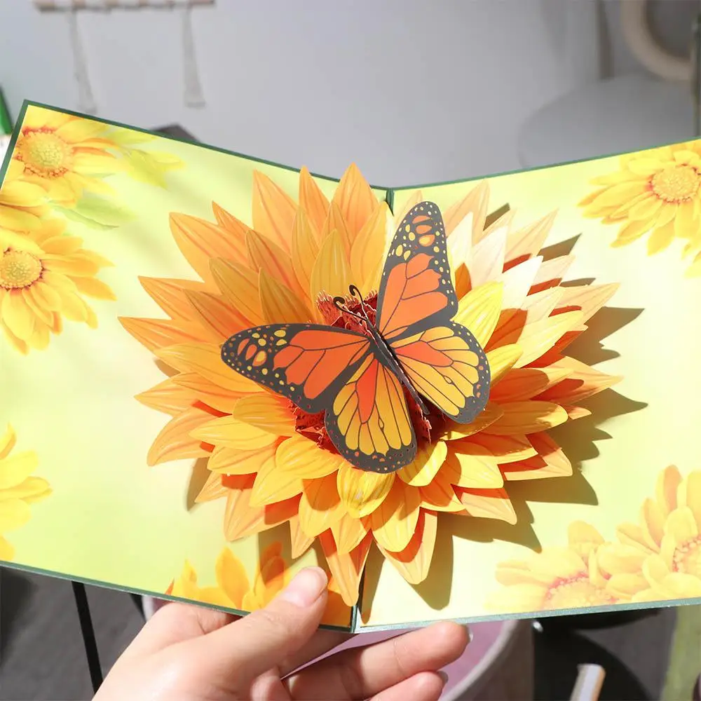 Foldable Sunflower Greeting Card Paper Carving Exquisite Flower Butterfly Gift Card Blessing 3D Pop-Up Greeting