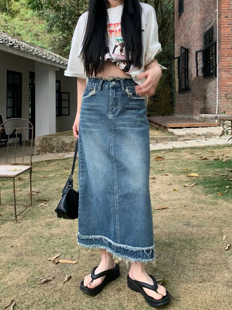 

S-XL Tassel Long Denim Skirt 2023 korean style Vintage High Waist Girls A Line Midi Skirts Women Long Jeans Skirts Style (SA04