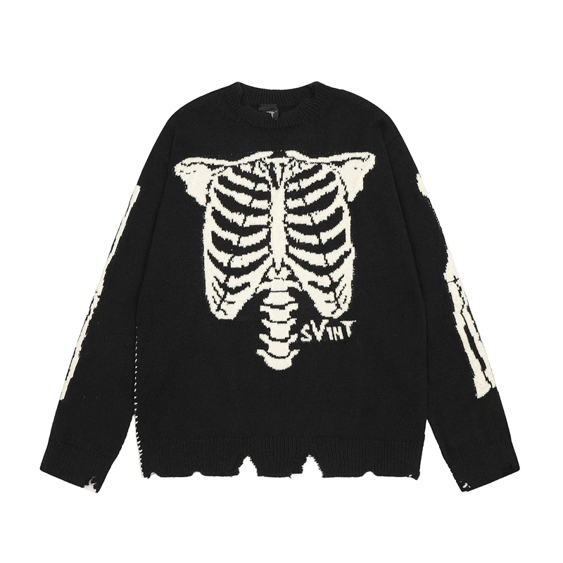 

High Quality Saint Michael knit Skeleton Bone Vintage Damaged Sweater Men Women Sweatshirts Jacquard Sweaters