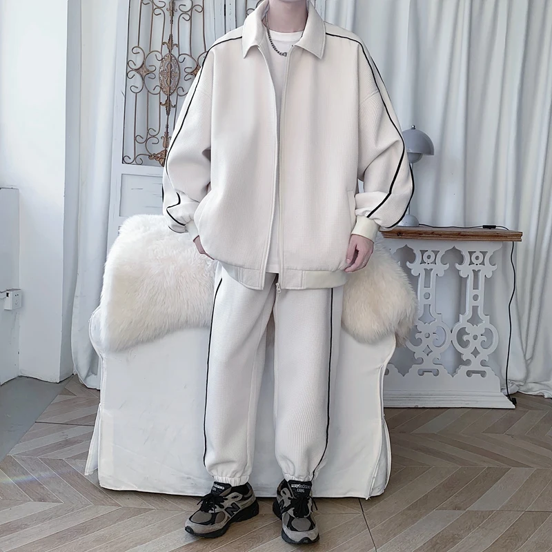 Youth Men Spring Autumn Fashion Breathable Tracksuit Casual Reflective Stripe Varsity Lapel Jacket+Sweatpants Two-Piece Streetwe
