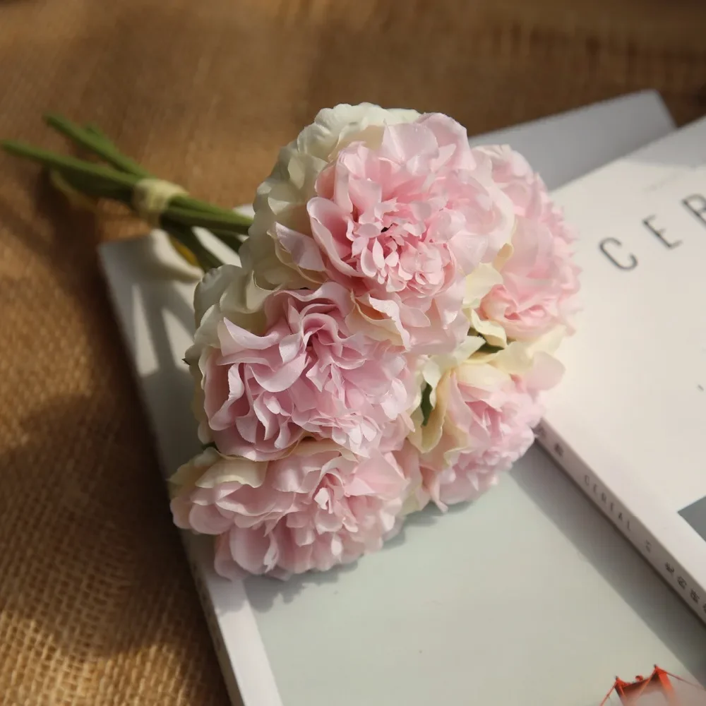 Künstliche Blumen Pfingstrosen strauß für Hochzeits dekoration 5 Köpfe Pfingstrosen gefälschte Blumen Wohnkultur Seide Hortensien billige Blume – Detail 11