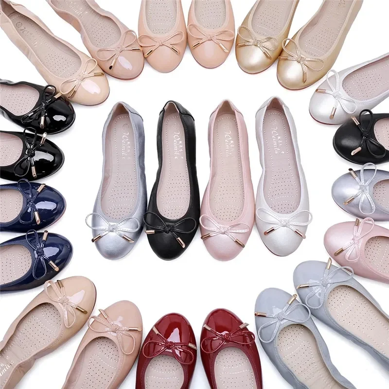 YAERNBig Size 42/43 Ladies Single Shoes Bowtie Flats Patent Leather Loafers Women Round Toe Roll-Up Shoes Woman Bridesmaid Flats 2