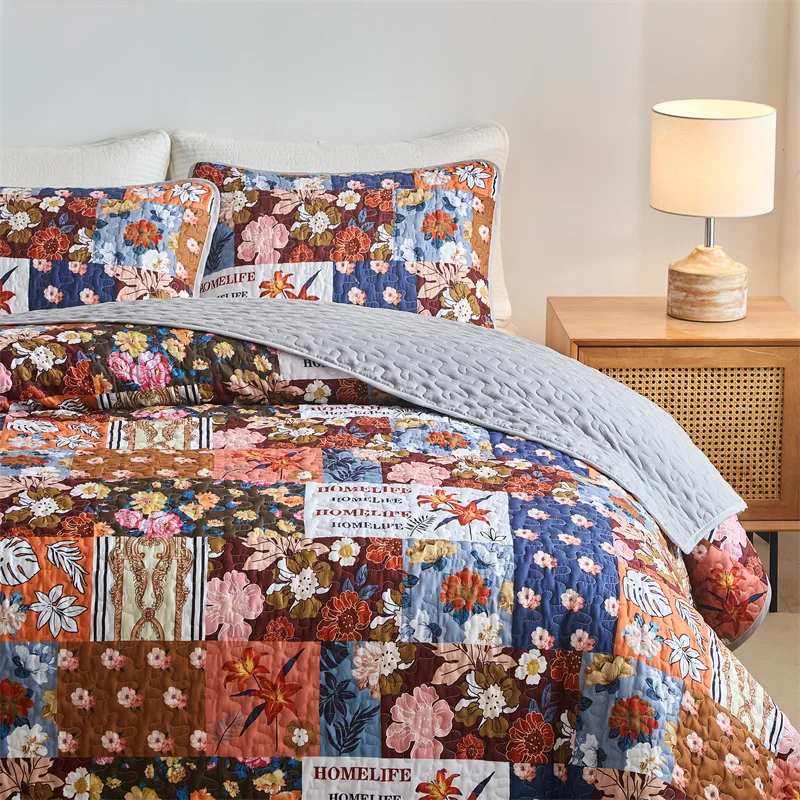 Bedding Set Mattress Topper Printed Bedspread Quilted Bedspread Set Soft Microfiber Thick Bed Cover + Pillowcase European Flower Patchwork King