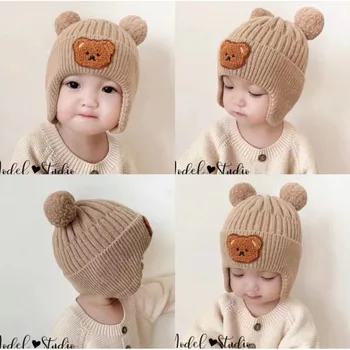 Baby Wool Hat Cute Bear Ear Protection Hat Winter THickened Warm Knitted Korean Version Baby Hat Gift for Kids 1