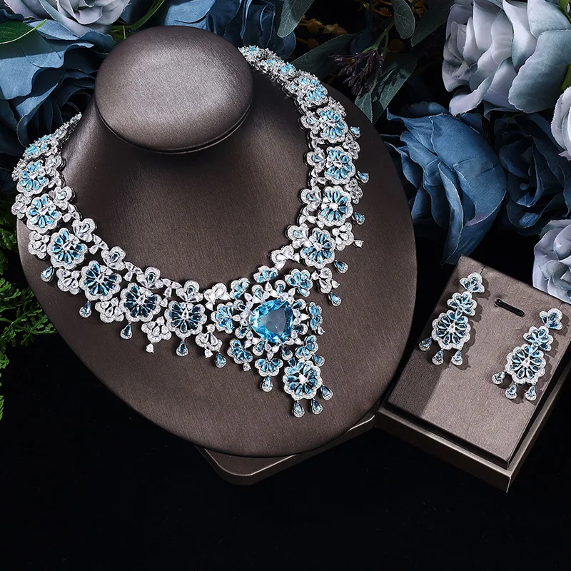 2024 Top Blue Crystal 2 Pieces Super Luxury Cubic Zirconia Wedding Party Dress Nigeria Dubai Bridal