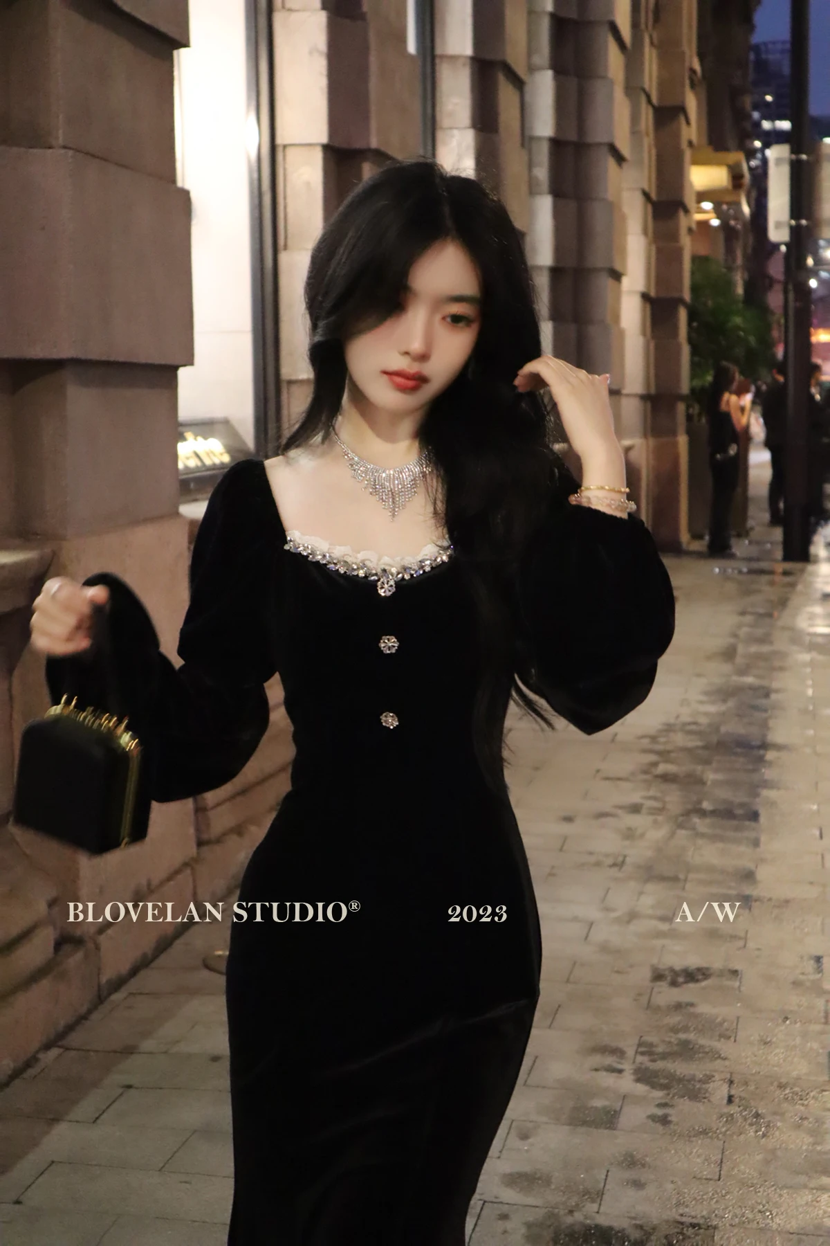 Elegant Black Velvet Midi Dresses for Women Square Collar Slim Bodycon Ruffles Patchwork Fishtail Autumn New Evening Party Dress