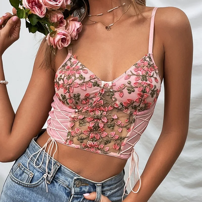 women's sexy bra lace floral camisole v-neck sleeveless cropped top corset  push-up bra