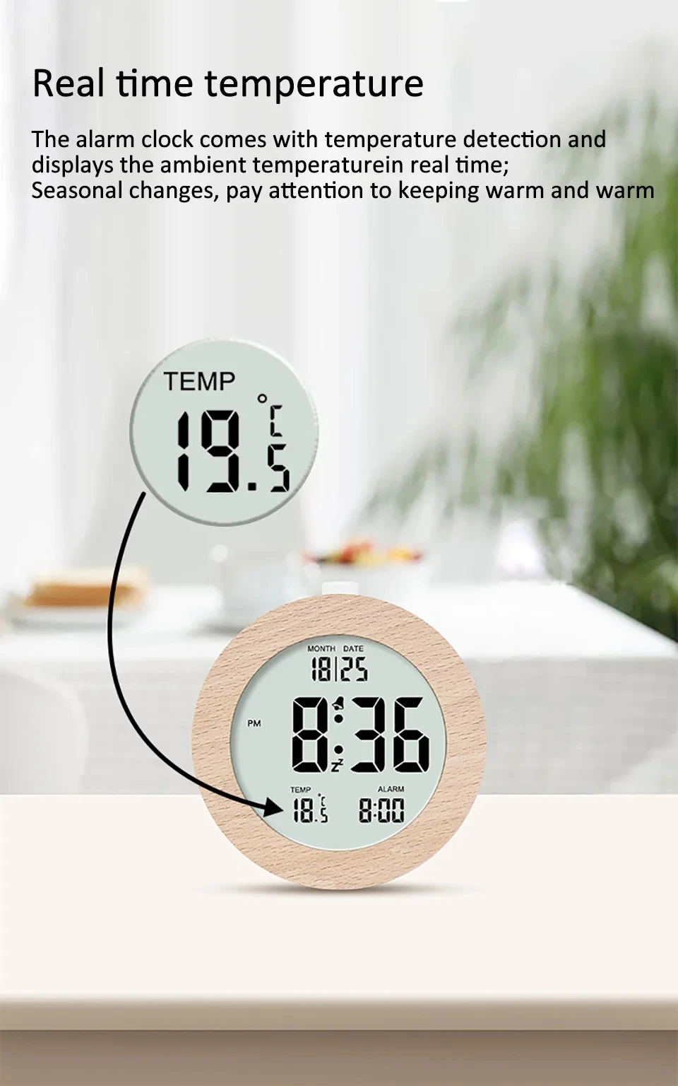 Description Picture 6 of itemLCD Digital Alarm Clock Solid Wood Date Temperature Display Table Clock with Backlight Snooze Mode Electronic Clock Room Decor