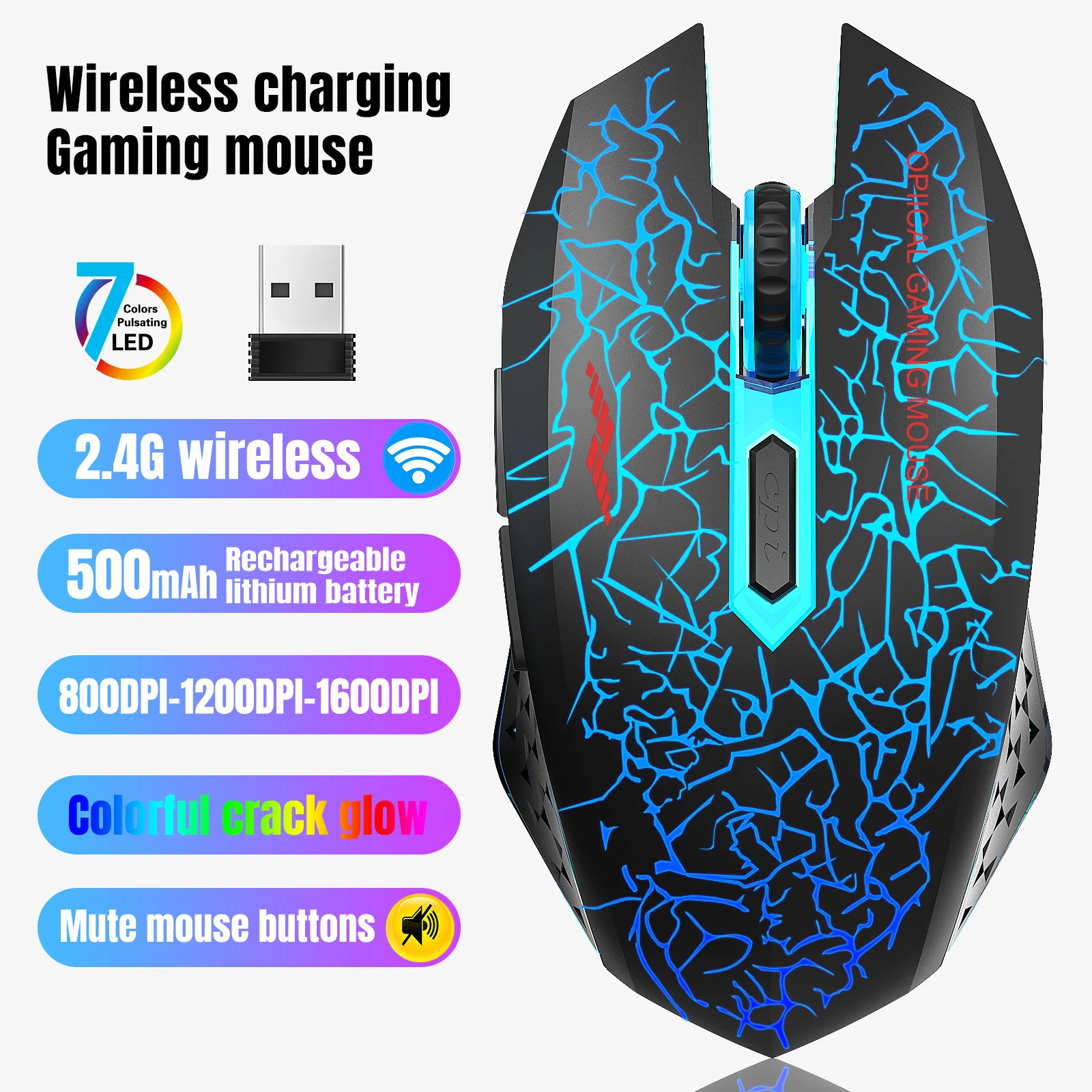 RGB Souris Gamer Sans Fil 2,4G Nano USB Rechargeable Boutons Silencieux DPI  Réglable – loumoh