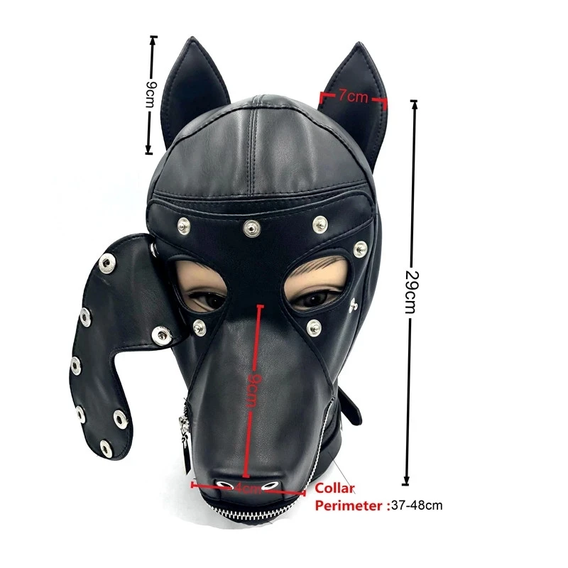 Männer maskierte PU-Leder-Hundekopfbedeckung BDSM Cosplay Reißverschluss offener Mund Augenbinde Maske Kapuze Feti_voghion.com
