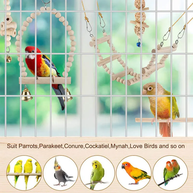 Set Combination Parrot Bird Toys Wood Articles Bite Pet Bird Toys Parrot Training Toy Swing Ball Bell Standi 9PCS