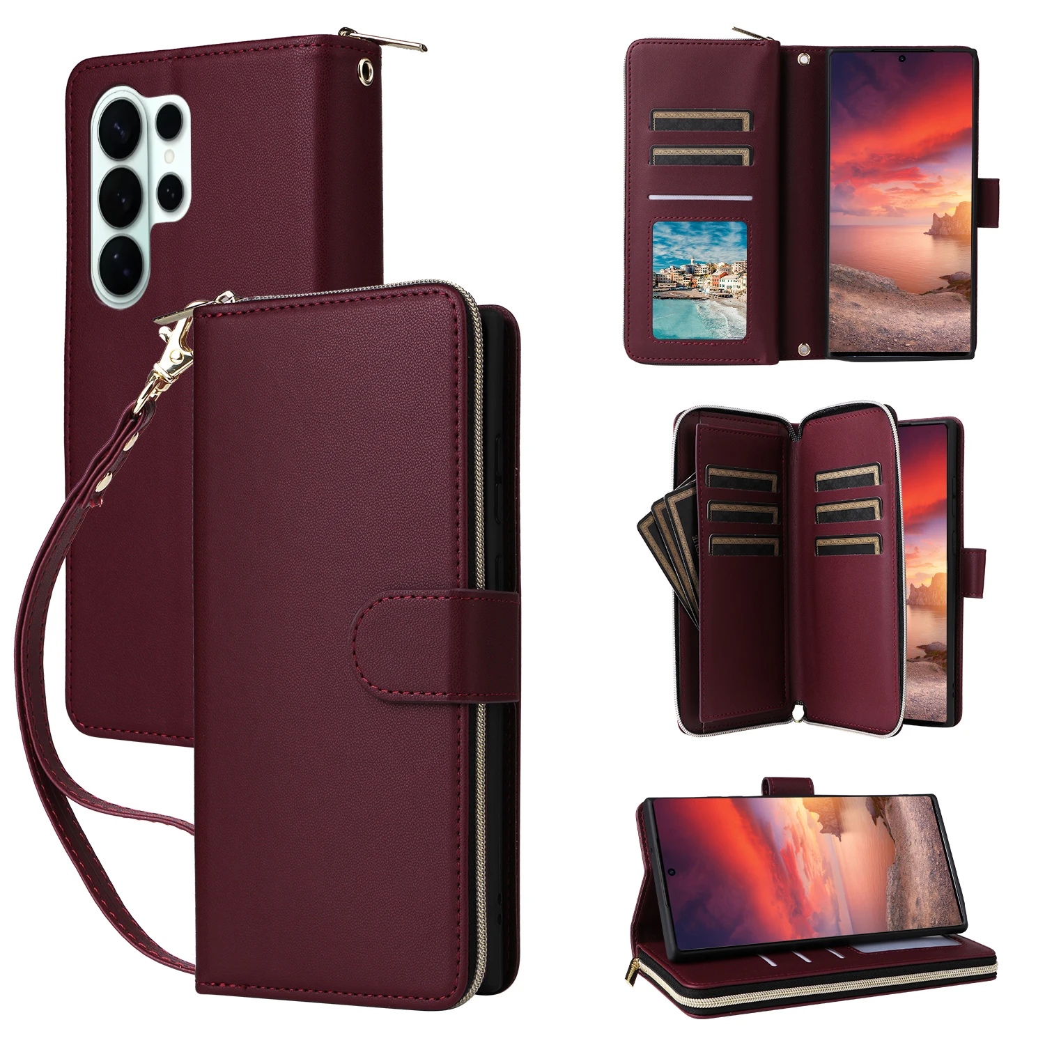 Deluxe Leather Flip Wallet Case with Long Lanyard and Cardholder