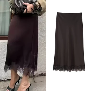 TFMLN Elegant Lace Splice Satin Half Skirt Women's Fashion Wrap Around Long Skirt High Quality Feel New 2025 Style