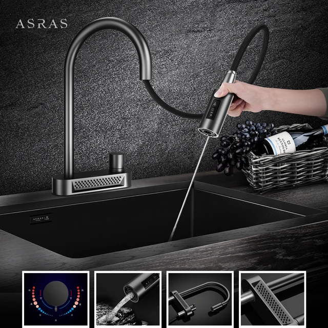 ASRAS 304 ก๊อกน้ําห้องครัวสแตนเลสมัลติฟังก์ชั่น 5-in-1 ร้อนและเย็น + น้ํากรองแฟชั่นก๊อกน้ําสีเทา 5