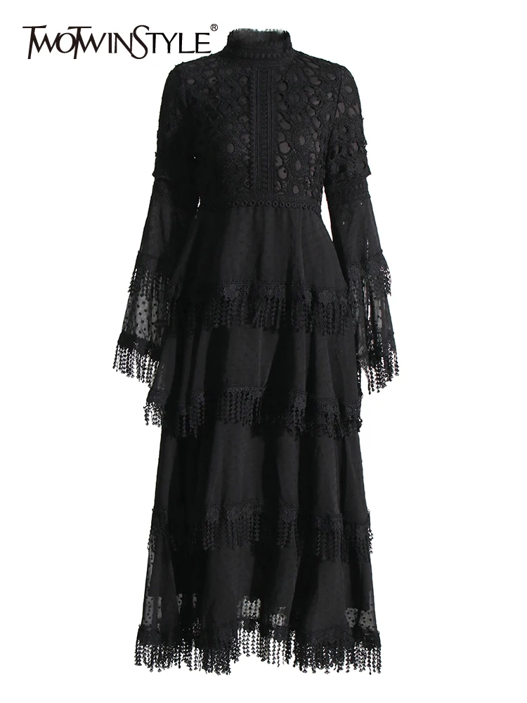 

TWOTWINSTYLE Solid Patchwork Tassel Dress For Women Stand Collar Flare Sleeve High Waist Temperament Dresses Female Fashion New