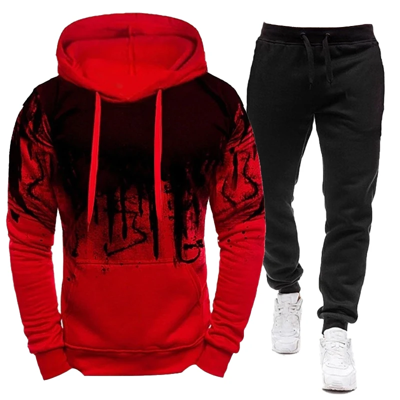 Fashion men's sportswear set Men's splashed ink hoodie+pants two-piece set Spring Autumn Winter jogging suit two-piece set