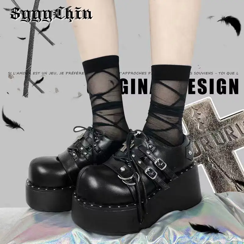 Women Pumps Mary Jane Derby Metal Decoration Platform Flat Heel Female Shoes Ladies Wedge Lolita Gothic Harajuku Punk Footwear lolita shoes platform pumps women high heels pumps
