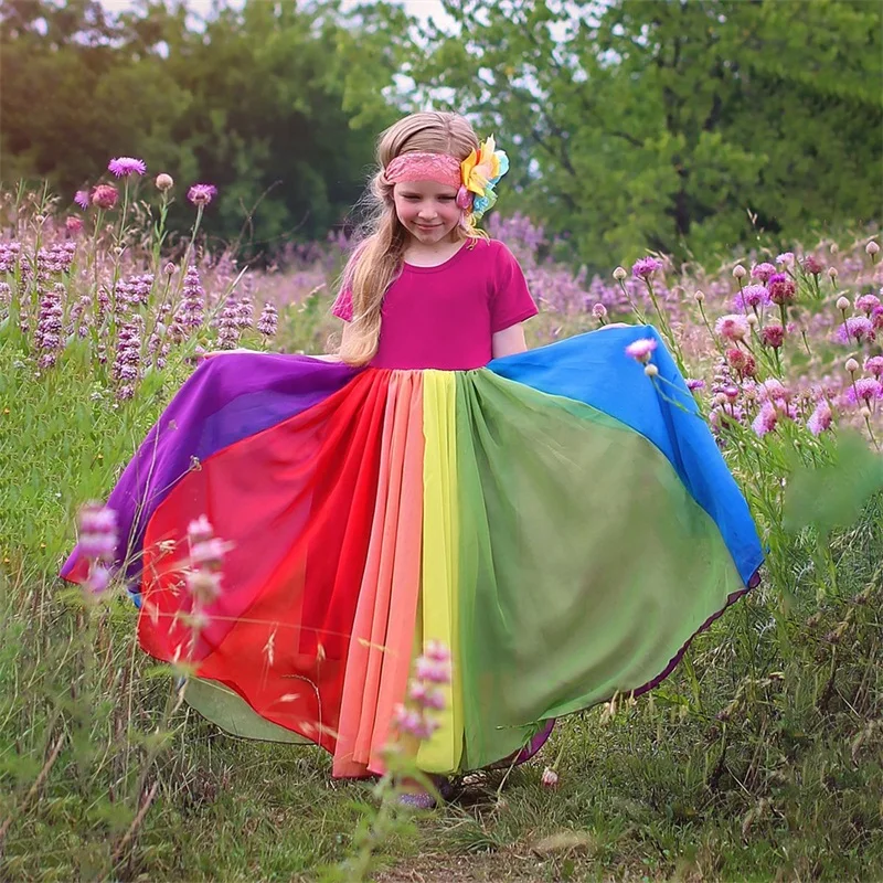 Girls Dress 2022 Summer Fashion Girls Princess Dress Rainbow Color Short Sleeve Cotton Patchwork 2-6T Girls Voile Tutu Dresses children dress